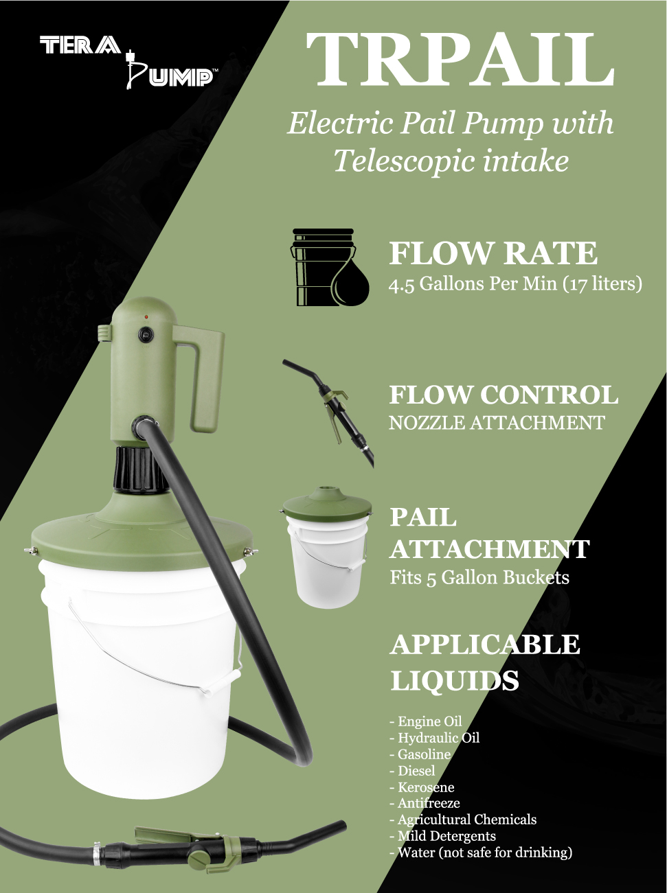 [ TERAPUMP ] Telescopic Electric Operated Pail Pump - 5 Gallon Buckets Pail  Attachment Pump with Flow Meter For [ Kerosene Gasoline Engine Oil Diesel